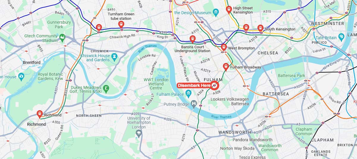 Map of district line tube stations with Parsons Green Station marked as the point to disembark