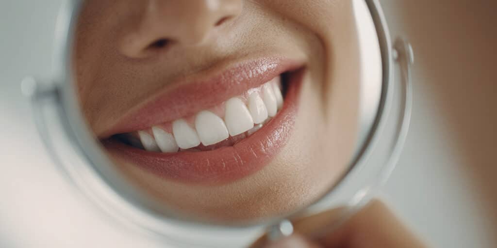 Woman smiling in mirror after dental scale and polish meaning